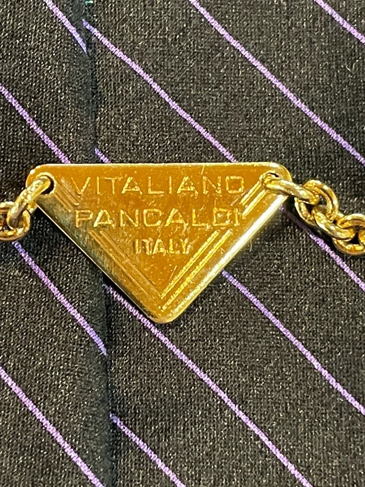 Corbata de seda Vitaliano Pancaldi para hombre a rayas negra púrpura Italia cadena dorada Foto 4 de 4