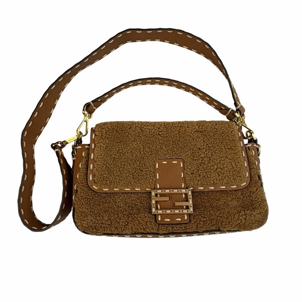 Fendi Authenticated Baguette Medium Shearling Shoulder Bag - Brown + Gold-Tone