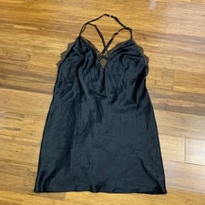 Victorias Secret Black Lace Trim Cami Slip Dress Nightgown Size Small Satin