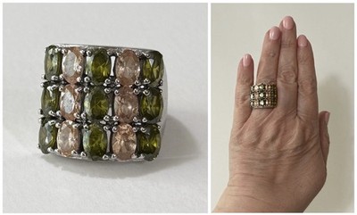 Vintage Signed FAS Sterling Silver Citrine Peridot Grid Set Statement Ring Sz 7