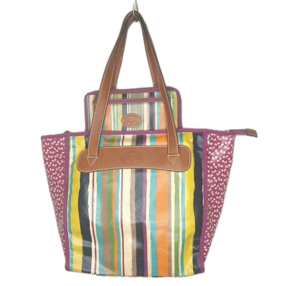 Bolso de Mano y Cartera Fossil Key Per de Lona Floral a Rayas Cuero Bolso con Asa Superior Foto 2 de 4