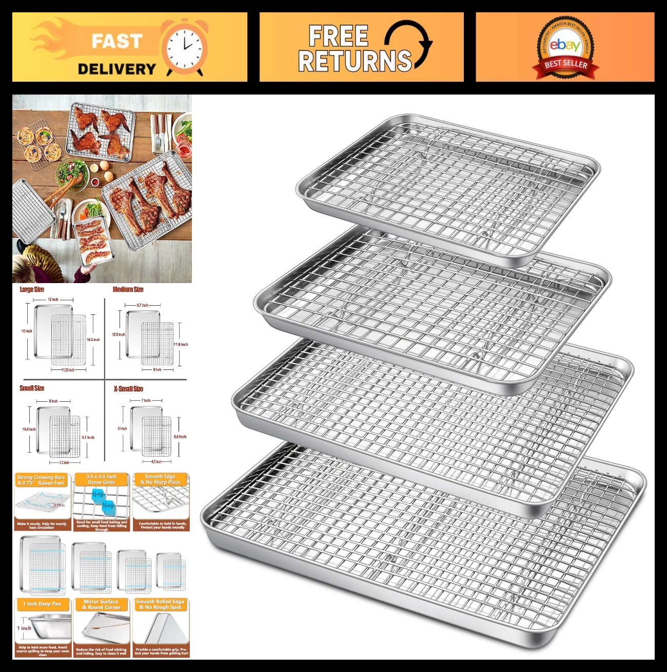 8-Piece Stainless Steel Baking Sheet Set with Cooling Racks - Oven & Dishwasher
