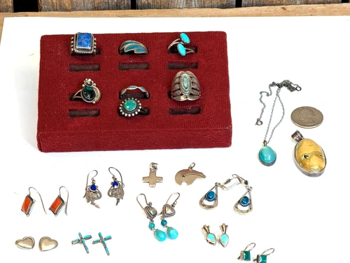 Vintage Native American Lot of 19 Sterling Silver Gemstone Rings & Earrings +
