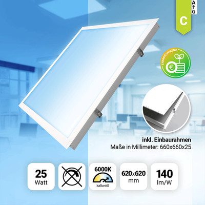 LED Panel 62x62cm Tageslichtweiß 6000K 25W 3500lm Einbaurahmen Alu weiß Ble2.0