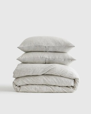 BNWOT Quince European 100% Linen Duvet Set Grey White Stripe TWIN BNWOT!