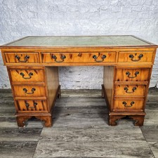 Green Leather Top Vintage Captains Desk With Key - FREE UK Delivery 