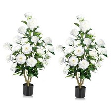 Faux Outdoor Plants 2 Pcs - 39’’ Artificial Camellia Tree Potted with White