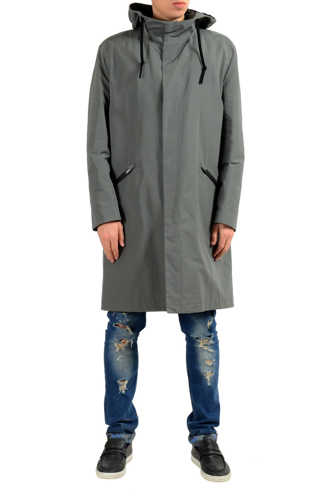 Мужское серое пальто-ветровка на пуговицах с капюшоном Hugo Boss Menjon 69790₽