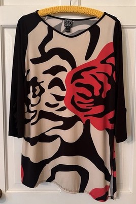 Clara Sun Woo Pink Black Abstract Print Asymmetric Tunic Top 3/4 Ruffle Sleeve S