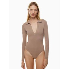 Aritzia Babaton Contour Polo Long Sleeve Bodysuit Size L Deep Taupe Minimalist