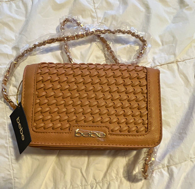bebe Tan Small Crossbody Bag Gold Chain Strap, Magnetic/Zip, Inner Pockets