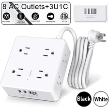 6FT Cord Cable Power Strip Surge Protector 3 AC Outlets 1 USB Ports Type C Port