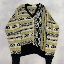 Vintage Abstract Knitted Jumper Patterned Grandad V-Neck Knit Sweater Men's L