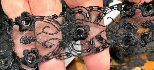 embroidered appliques trim beads flowers 1.25" organza sequins 1yd scalloped - Picture 15 of 20