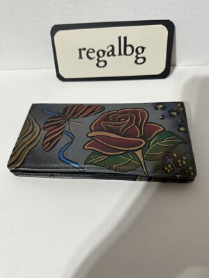ANUSCHKA Rose/Butterfly  HAND-PAINTED LEATHER CLUTCH WALLET  Bifold