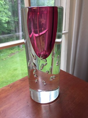 Vintage 1974 Skrdlovice clear w/ pink  Vase by Jaroslav Svoboda 