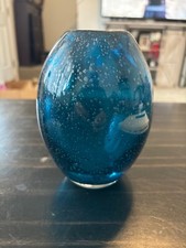 VTG. AQUA BLUE BUBBLE ART GLASS BARREL VASE 6" HANDBLOWN MCM