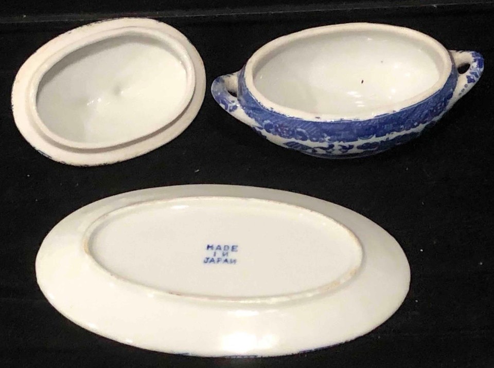 Vintage Child's Miniature Toy Blue + White Tureen & Undertray, MADE IN