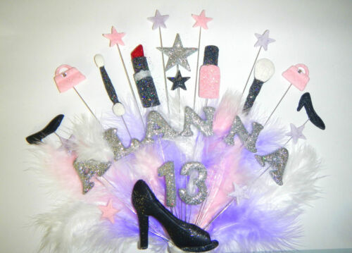  Personalised name,  age makeup, bags, shoes birthday cake topper with feathers - Picture 1 of 1