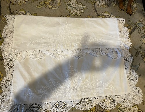 Paper White Set 2 Linen Blend Shams W/Beautiful Embroidery 3”Crocheted Lace