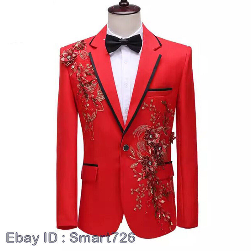 Men's Chic Fitted Blazer with Flower Sequin Detail for Wedding or Stage Performance-image