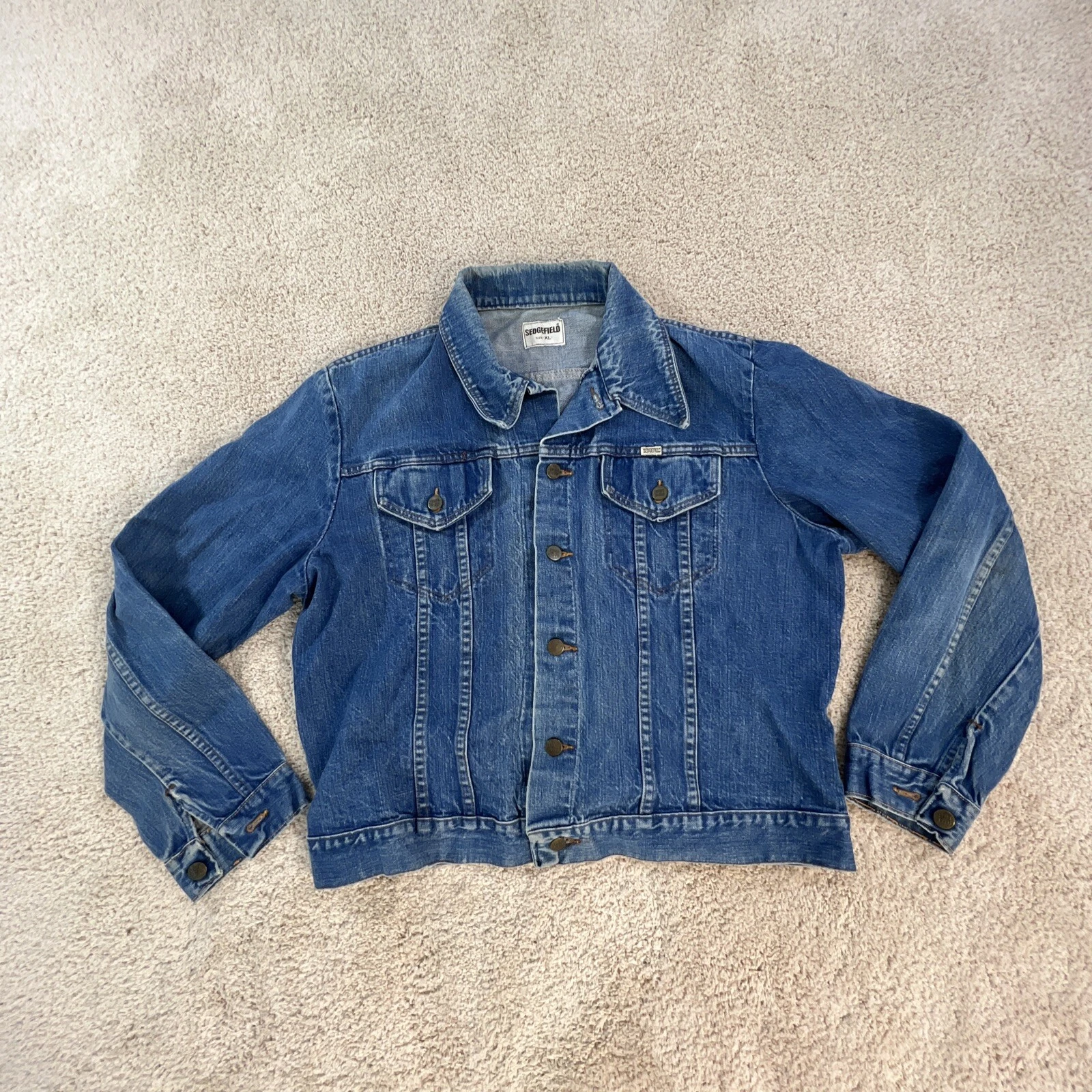 Sedgefield Mens Denim Jacket Size XL Blue Jean Trucker Button Front Vingtage