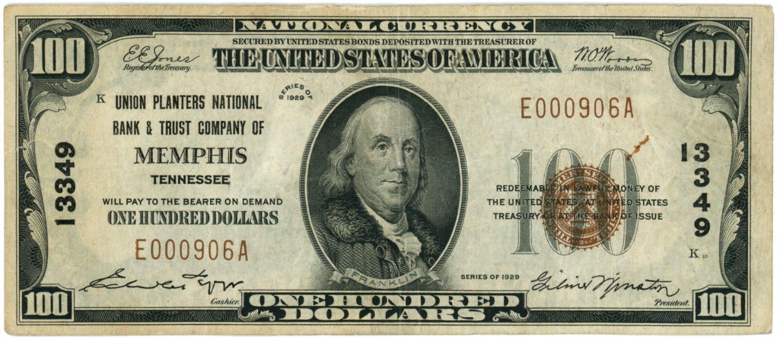 1929 Union Planters National Bank & Trust Company of Memphis TN 100