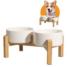 Elevated Ceramic Dog Bowl Set - Raised Dog Bowls with Non-Slip Bamboo Stand -...