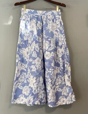 C & C California Linen Midi Skirt Womens S Cottage Blue White Floral Tiered Boho