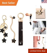 Elegant 3-Piece Initial Letter Keychain Set - Black Flower  Rhinestone