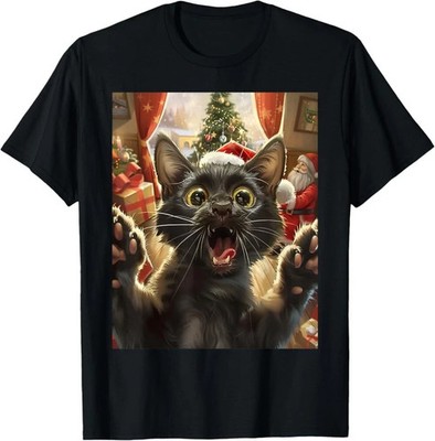 Funny Black Cat Selfie With Santa Christmas Cat Lover Xmas T-Shirt HS200