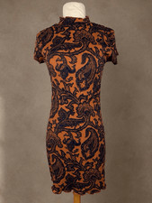 Urban Outfitters Size M Paisley Mock Neck Mini Dress Brown Blue Ribbed Stretch