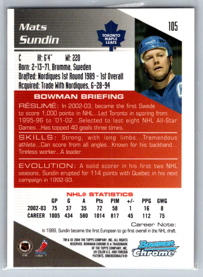 Mats Sundin 2004 Bowman Chrome Toronto Maple Leafs #105 - Image 2 of 2