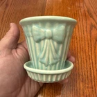 Vintage Shawnee Pottery Robin Egg Blue Bow Planter Pot W/ Tray 1940s 3.5” Mint