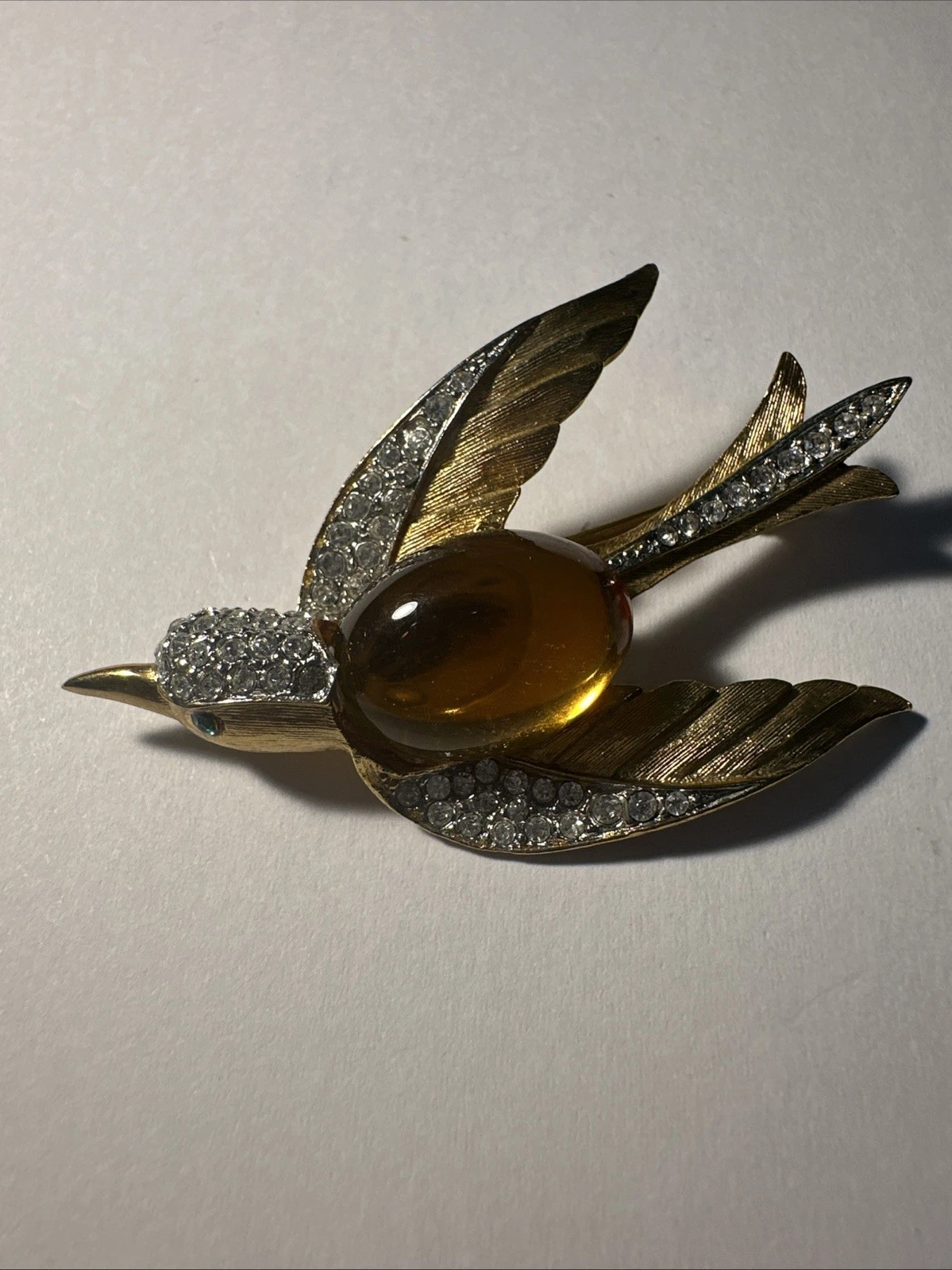 Broche Oiseau Dorée Pierre Jaune Et Strass Blanc Bijoux Fantaisie