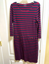 Talbots Navy/Red Striped Knit Shift Dress S 3/4 Sleeve Scoop Neck Cotton