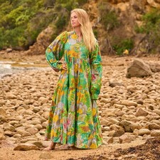 Jungle Song Maxi Dress - Tropical Green and Gold Cotton