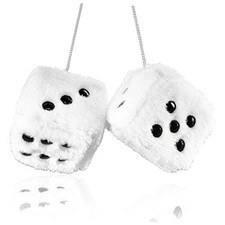 Fuzzy Plush Dice for Car Mirror, Pair of Retro 3  Dice with Black Dots White