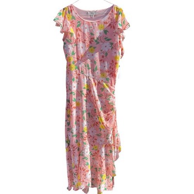 B My Story Pink Multicolor Floral Chiffon Ruffle Lined Midi Dress M