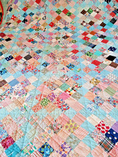 Patchwork Quilt 1.5" Sq Blocks 78" X 64" Red Backing Hand-Stitched 1920-1940