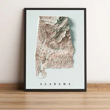 Alabama Map, Alabama 2D Relief Map, Alabama Vintage Map - 2D Flat Print