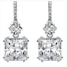 Sterling Silver Rectangular Round CZ Drop Dangle Earrings. Z21