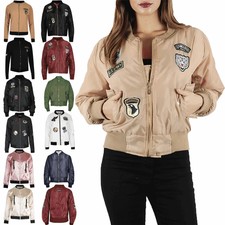 Womens Ladies Ma1 Classic Padded Airforce Zip Up Army Badges Biker Bomber Jacket