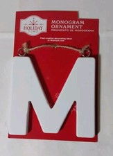 Letter M White Wood Holiday Time Monogram Ornament Craft, Made of Wood NWT