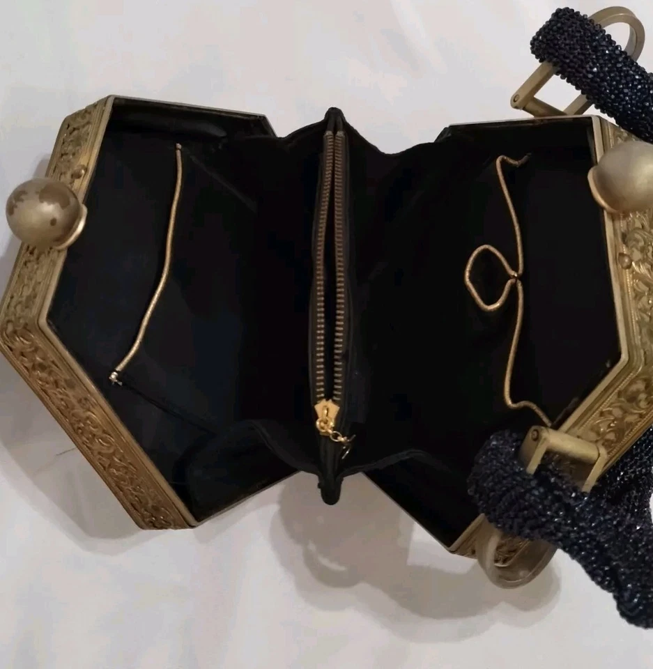 Bolso/Cartera Zafiro Azul Cuentas Tortuga Lucita Chapado en Oro Tirol 1940 De Colección Foto 2 de 4