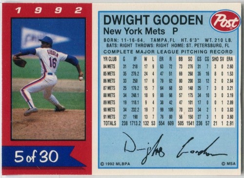 1992 MSA Post Cereal #5 Dwight Gooden New York Mets - Picture 4 of 6