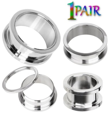 Pair 8g-50mm STAINLESS STEEL SCREW FIT DOUBLE FLARE TUNNELS Gauges Plugs 1288