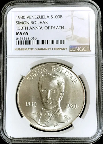 1980 SILVER VENEZUELA 100 BOLIVARES 150TH ANNIV. SIMON BOLIVAR NGC MINT STATE 65