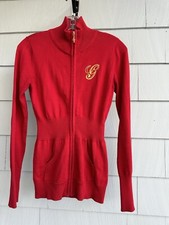 Guess Front Zip Red Knit Sweater w/ Cinched Waist Bedazzeled Logo Sz M
