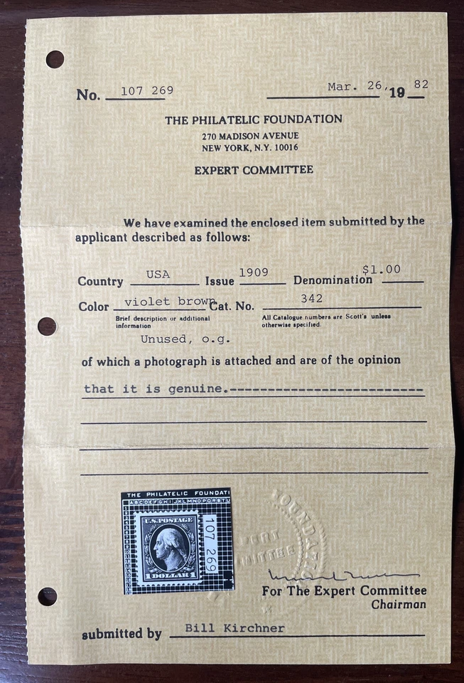 US Stamps; Scott #342 Washington Franklin $1 M OG Never Hinged W/ PF Cert. $1050 - Image 2 of 4